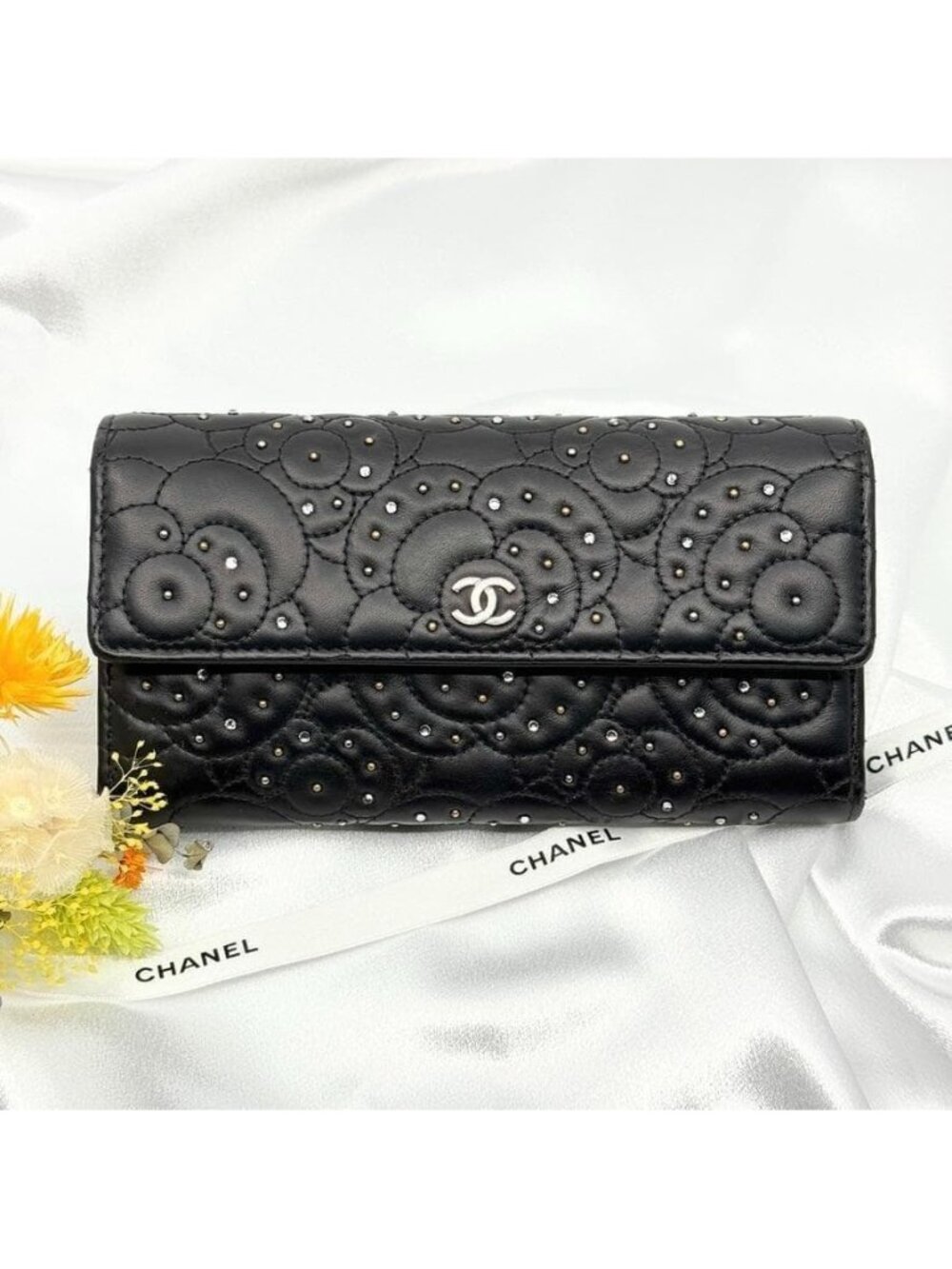 Chanel Wallet Camellia Line Stone Flap